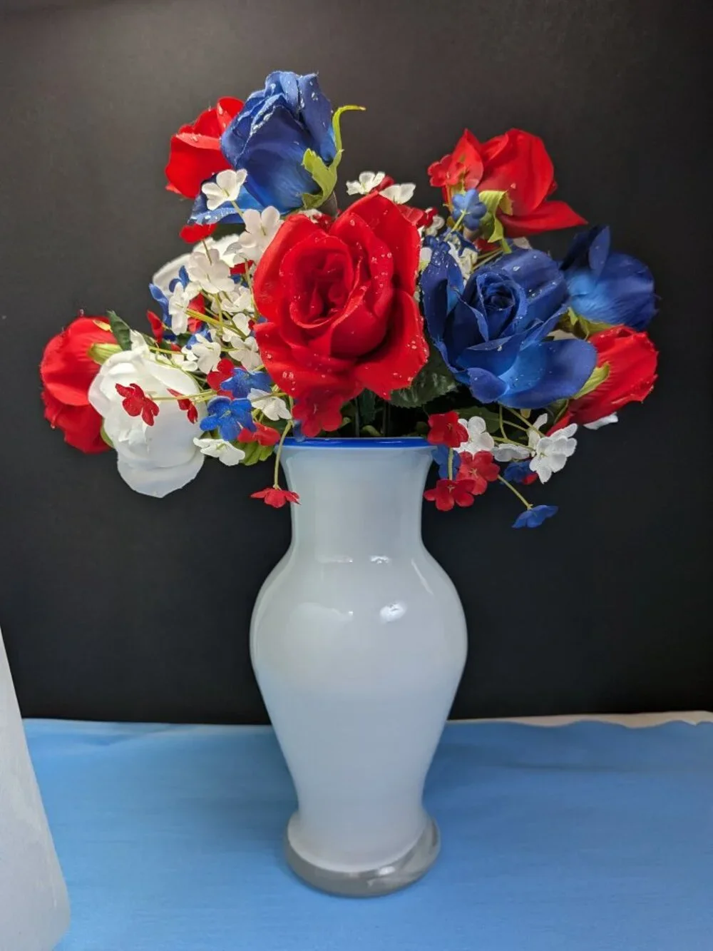 Vintage Cased White Milk Glass Trumpet Vase Cobalt Blue Rim Floral Bead Bundle